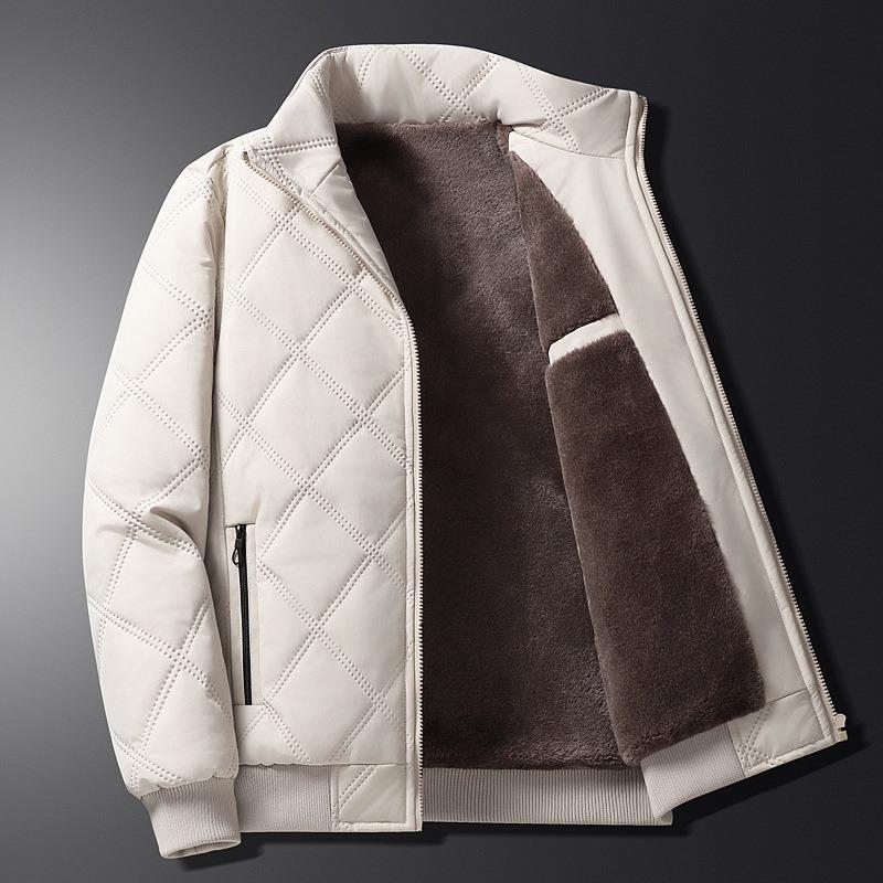 Padded-on men's new autumn and winter stand-up collar velvet rhombus plaid warm and cold cotton-padded jacket