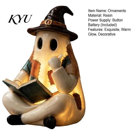 Decoratieve Geest voor Vensterbank Verlichte Vintage Patchwork Geest, Lezende Boek Beeldje, Halloween Lamp Decoratie, Gepersonaliseerde Cadeau Ideeën Schattige Herfst Nacht