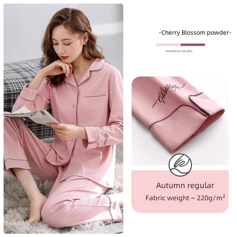 Ladies' 100% Cotton Long Sleeve Pajama Set Spring/autumn Thin Style Winter Warm Homewear Suit