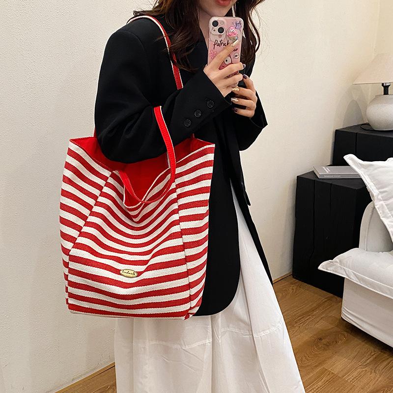 Striped canvas bag bag 2025 new Korean style ins tote leisure bag single shoulder large capacity tote bag shopping bag