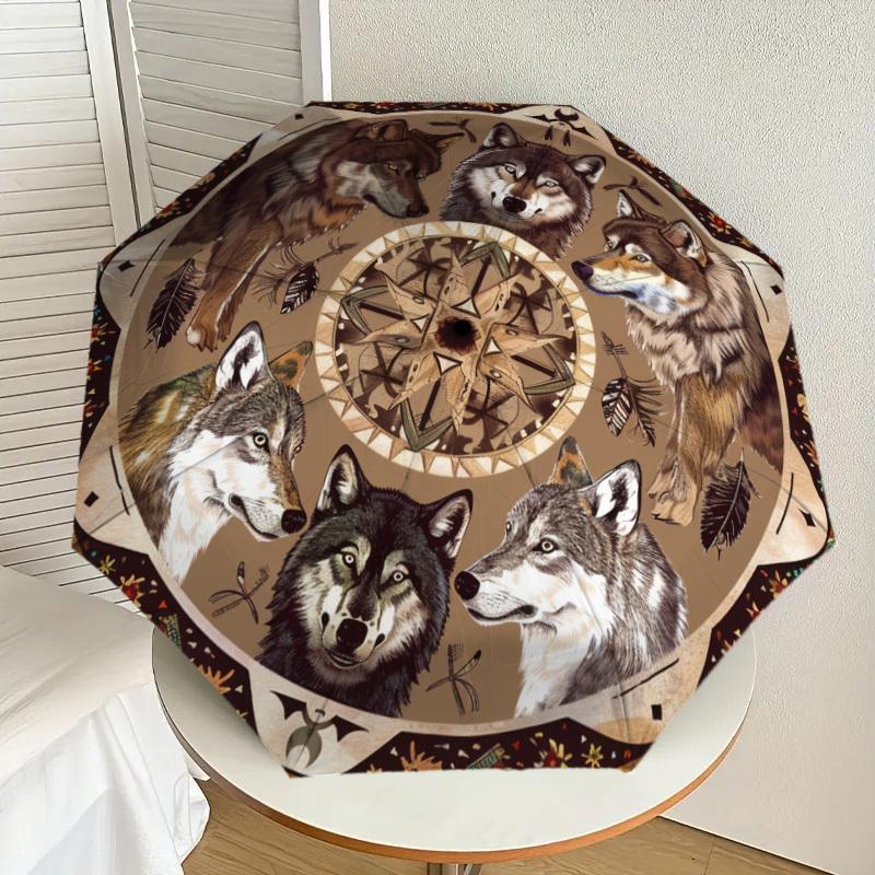 1pc Wolf Spirit Mandala Umbrella with Plastic Handle,Suitable for All Seasons Home Travel Outdoor UmbrellaDD977