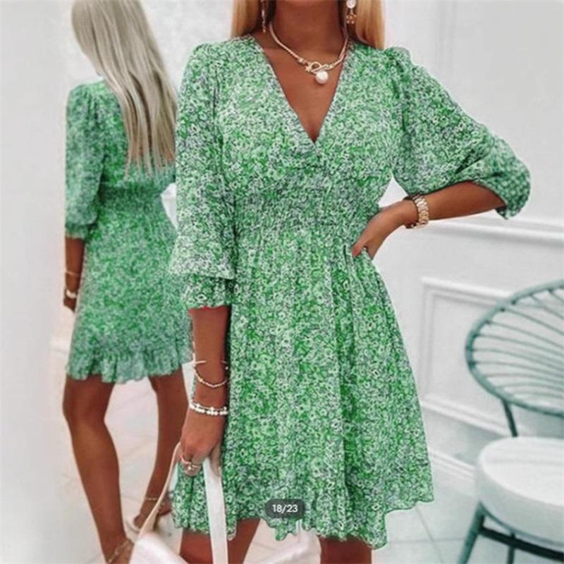 Europäischer und amerikanischer Stil Damen Neuer Midirock V-Ausschnitt Taille Pullover Bohème-Stil Bedrucktes Kurzarm-Blumen-Freizeitkleid