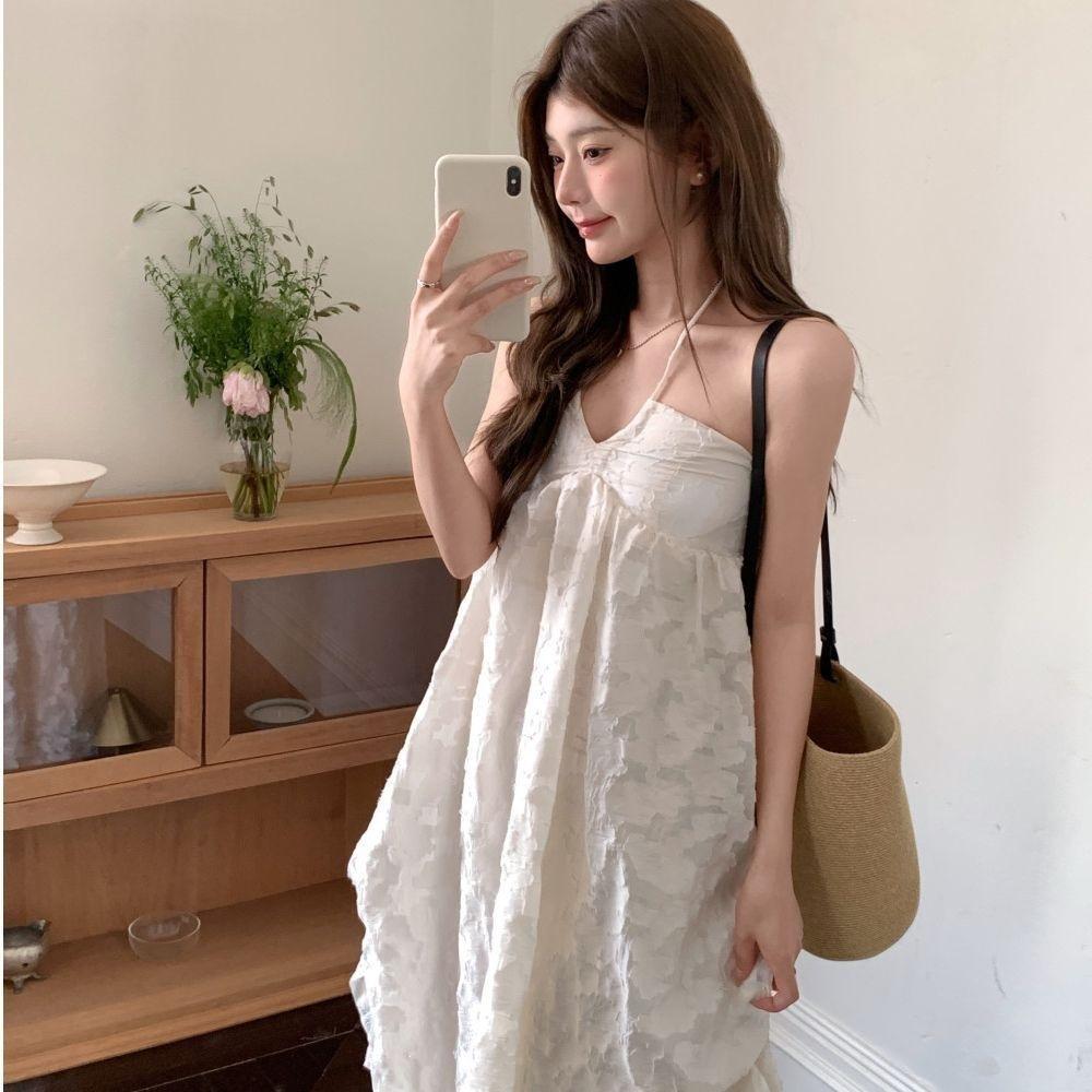 French Pure Desire Style Seaside Vacation Neck Suspender Dress Women's Summer Sexy Backless Temperament Ruffle Edge Dress