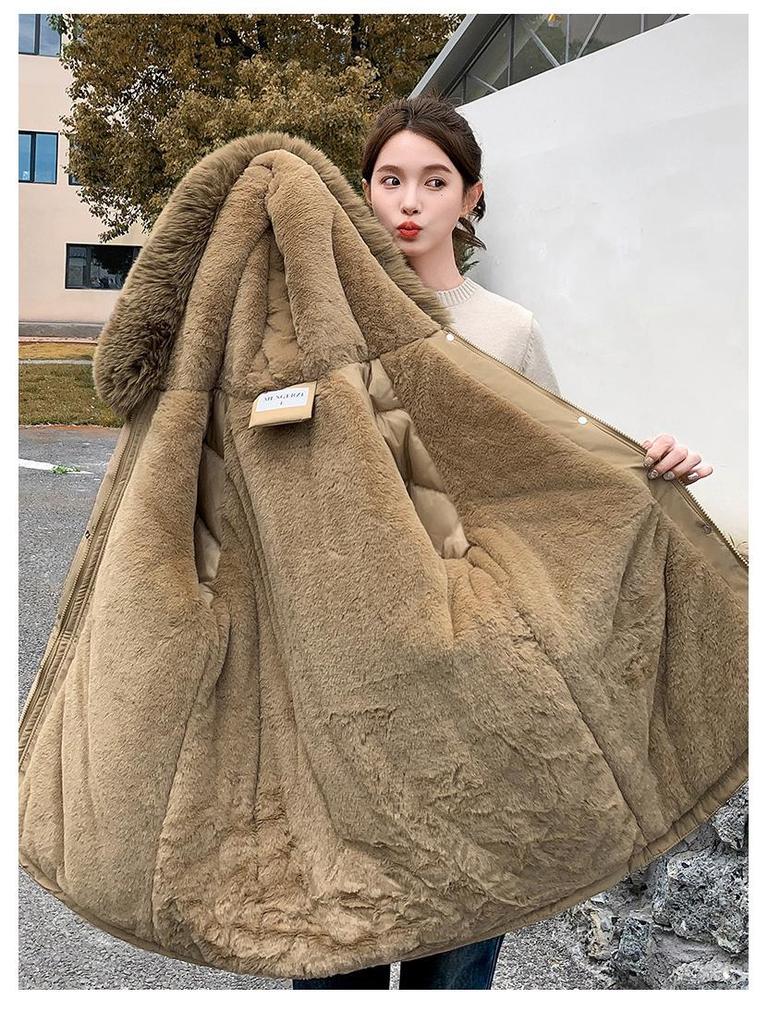 Women's Mid-Length Cotton Jacket with Large Fur Collar, Hooded, Winter 2024 Style, Warm Outerwear.