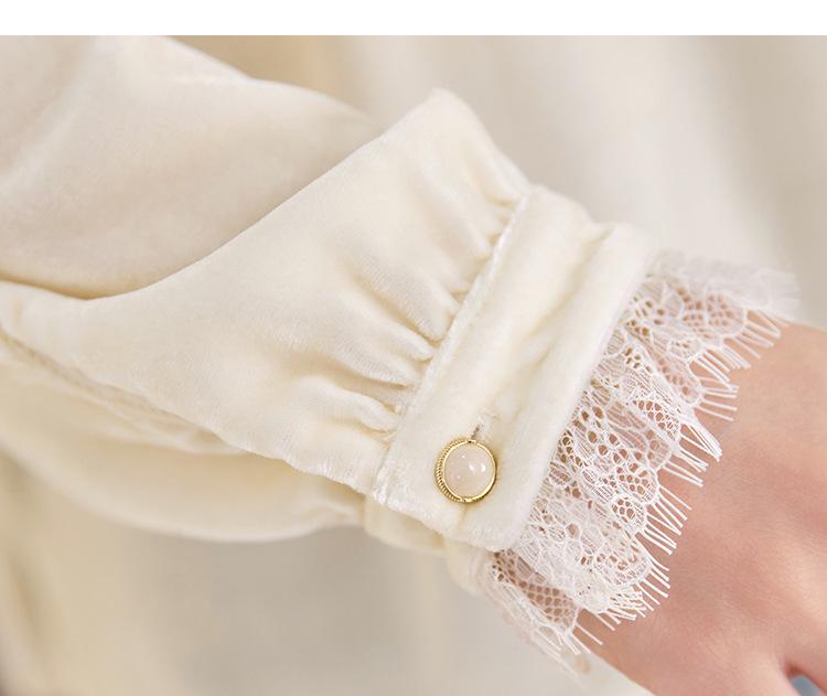 Damen Seiden Samt Plissee Spitze Pullover mit Stehkragen - Herbst Französischer Stil