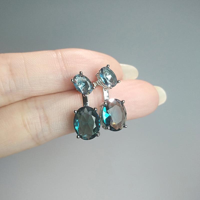 Rear Hanging Double Blue Stone Oval Diamond Suspension Earrings, Simple Colored Treasure Gift, Two Earrings.