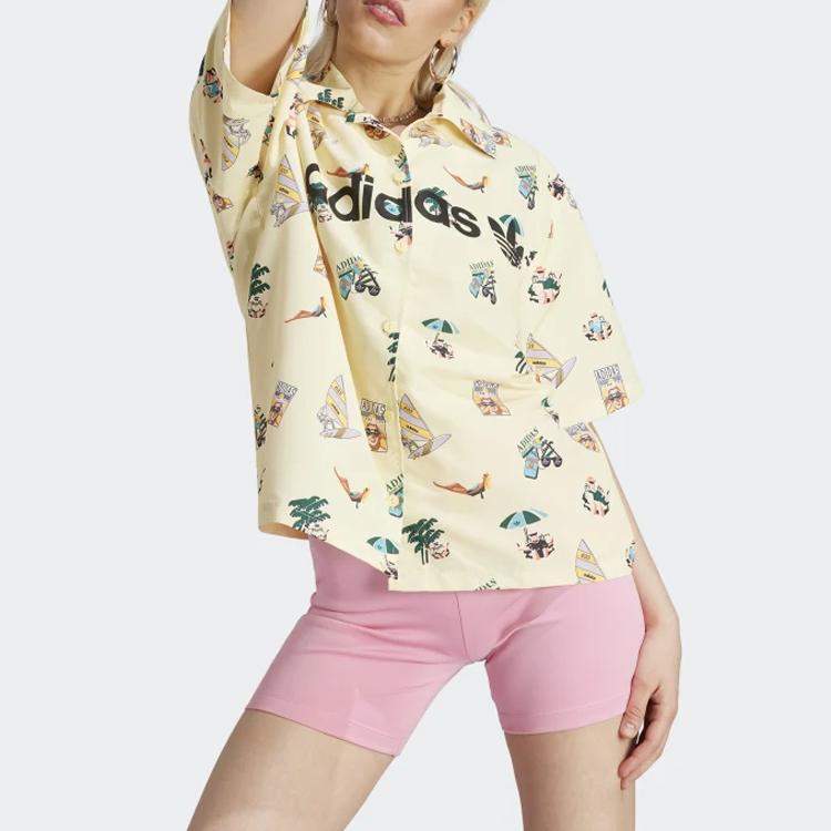 Adidas Originals Short Sleeve Graphic Shirt With Cartoon Pattern And Letter Logo Print Women Tops Beige IC3072