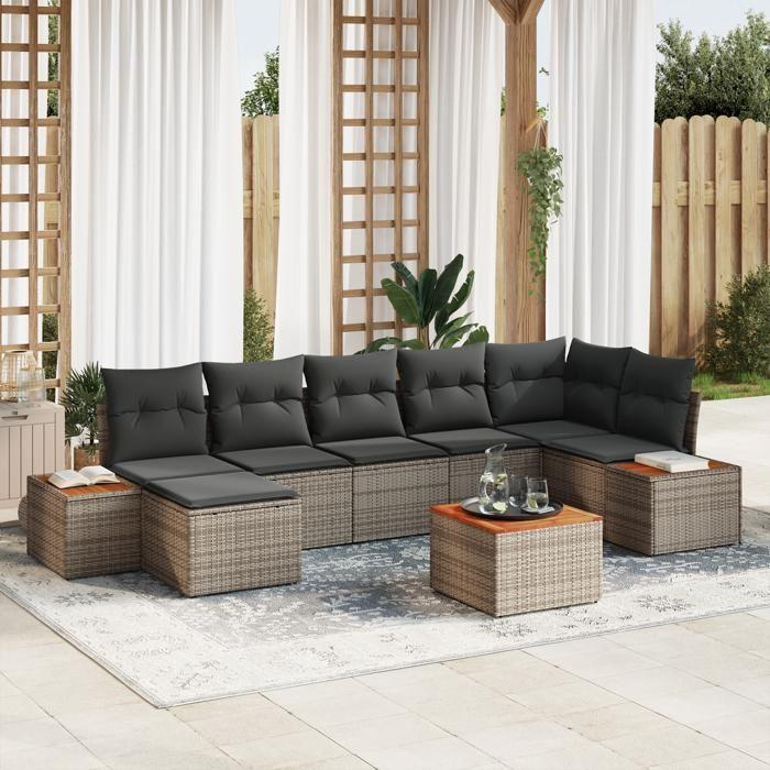 VidaXL Ensemble de Canapé de Jardin de 8 pièces avec Coussins Gris Poly Rattan Acacia 3348135