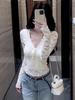 Elegant White Lace V-Neck Long-Sleeve Slim Fit Women's Top for Autumn/Winter