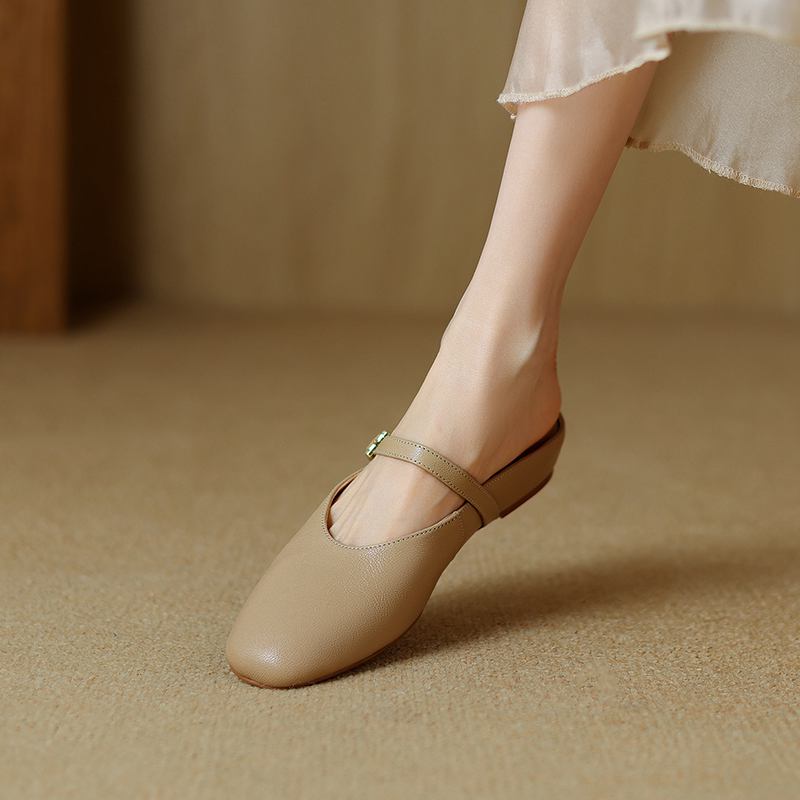 Krazing Pot, mulas de cuero de plena flor, punta cuadrada, tacones bajos, zapatillas exteriores de otoño, zapatos de verano, zapatos de tacón para mujer