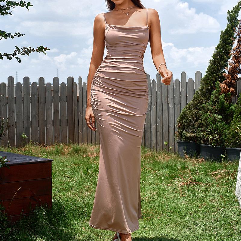 Milk Silk Suspender Dress, European and American Sexy Backless Hip-wrapped Pleated Tight Dress Fishtail Dress