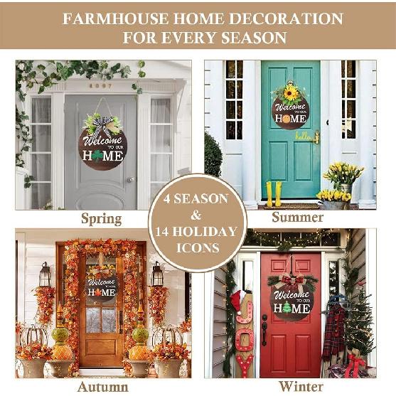 Interchangeable Welcome Sign for Front Door with 4 Seasonal Wreaths and 14 Changeable Icons, Farmhouse Front Door Signs, Door Decoration Porch Decor,