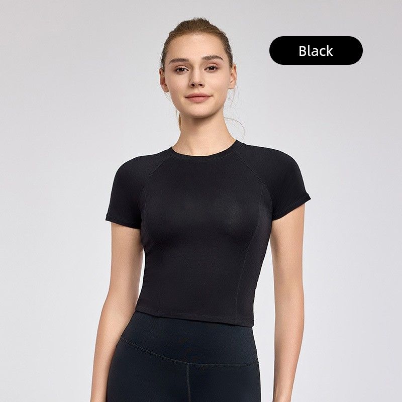 

2025 Short Crop Top Sports Tops Women s Fitness Pure Color Sports T-Shirt Back Thin Yoga Wear Short Sleeve Quick-Drying Black XL
