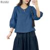 ZANZEA Women Casual Round Neck Solid Color 3/4 Sleeve Blouse