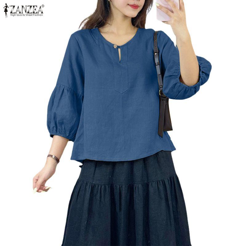 ZANZEA Women Casual Round Neck Solid Color 3/4 Sleeve Blouse