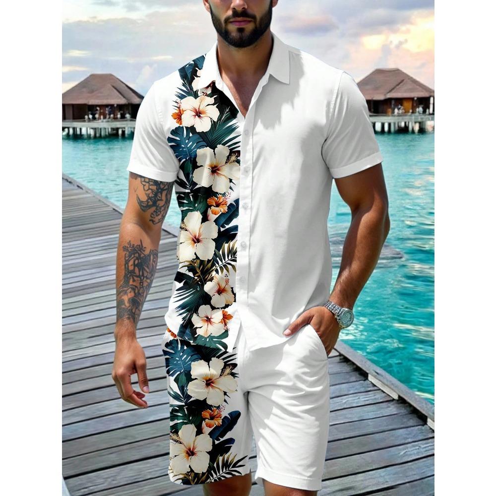 Ananas Blumenprint Hawaiianisches Herrenhemd und Shorts Zweiteiliges Set Lässiges Urlaubs-Herrenhemd-Set Kurzarm Hemd mit Knöpfen