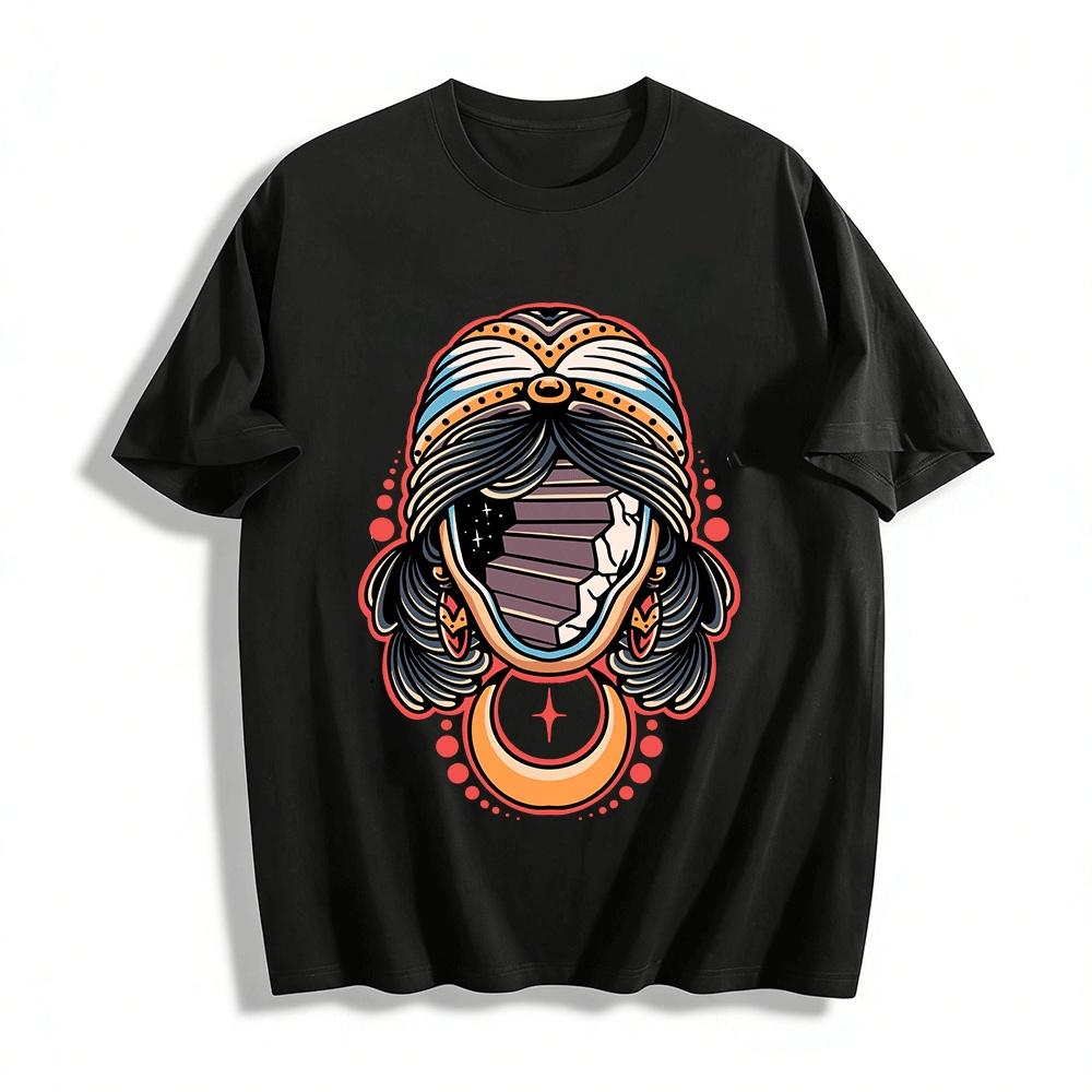 Mystical Exotic Abstract Staircase Face Print Casual Top Pure cotton T-shirt