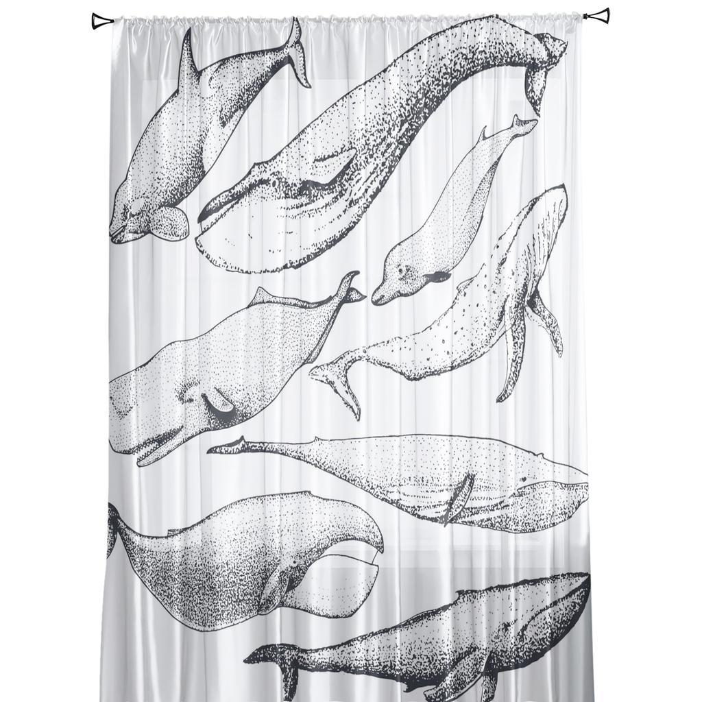 Whale Animal Illustration Tulle Curtains For Living Room Decoration Modern Chiffon Sheer Voile Kitchen Curtain