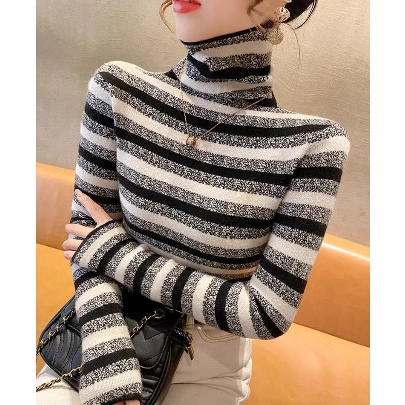 Women's Autumn/winter Turtleneck Sweater Sweater Top with Striped Pullover with Long Sleeves and Bottom