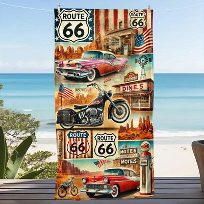 Route 66 Beach Towel Vintage Car Motorcycle Print Quick Dry Microfiber Large Bath Towel For Men Women Summer Road Trip Swim