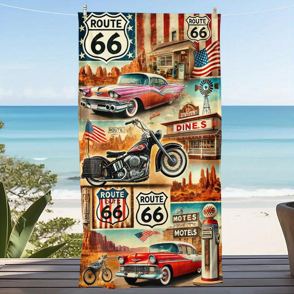 1Pc Route 66 Retro Beach Towel, Ultra Soft Quick Dry Large Towel For Pool Travel Road Trip, Ideal Gift For Car Lovers