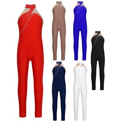 Dziecięce dziewczęce błyszczące Rhinestone łyżwiarstwo figurowe Unitard kombinezon bez rękawów gimnastyka taniec spektakl body