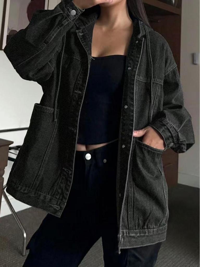 Women's Retro Black Hooded Denim Jacket - Early Spring Fashion for Europe