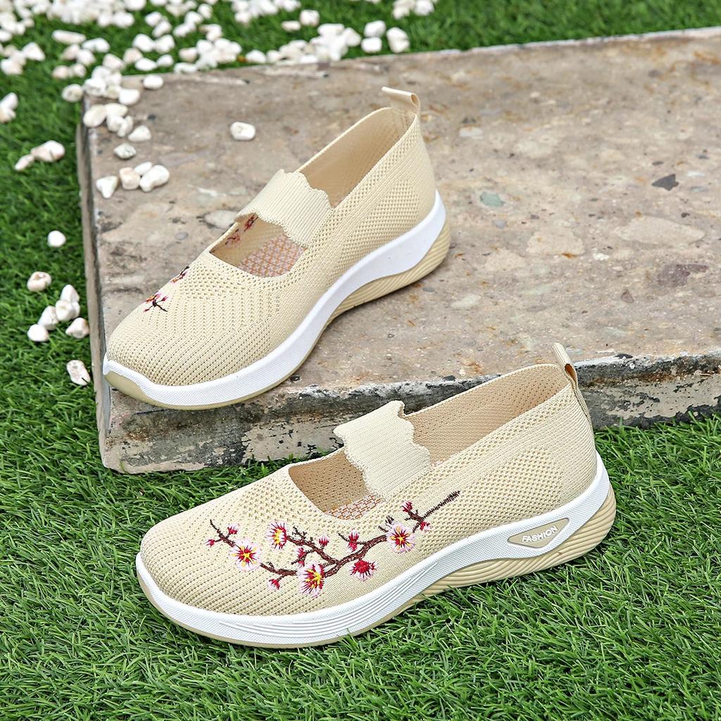 Fashion Women Fashion Leisure Flat Shoes Spring Autumn Flat Square Toe Knitting Elastic Soft Sole Comfortable Slip-on Shoes Plus Size 43