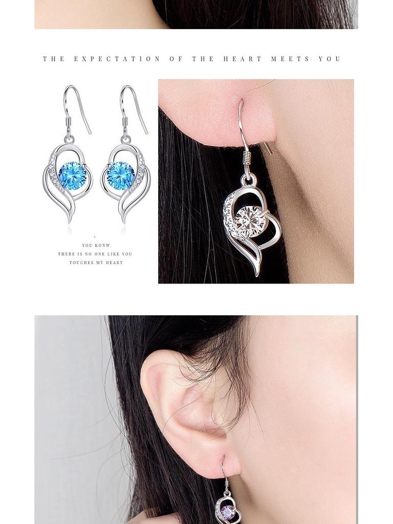 Japanese & Korean Zircon Silver-Plated Fashion Earrings: Elegant Medium-Length Hooks with Heart Details for Women
