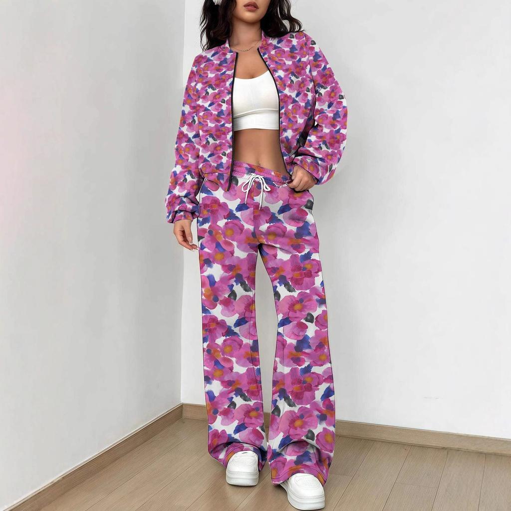 Striped Autumn And Winter New European And American Women'S Clothing Pink Flower Printing Suit Women