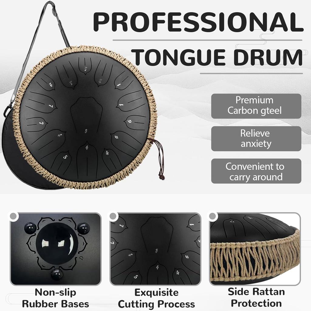 Hluru Music Drum 15 Notes Glucophone Steel Tongue Drum 13 Inch 15 Notes D Tone Ethereal Drum Percussion Musical Instruments