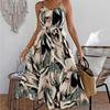 Summer V-neck Fitted Halter Dress with Beach-style Print for Women - Large Size, Featuring A Waistline for Shaping and Slimming Effect.