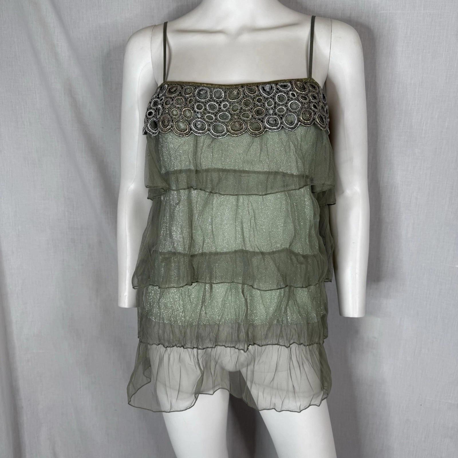 

y2k 213 size Large chiffon tiered metallic teal blue gold silver trim tank top M