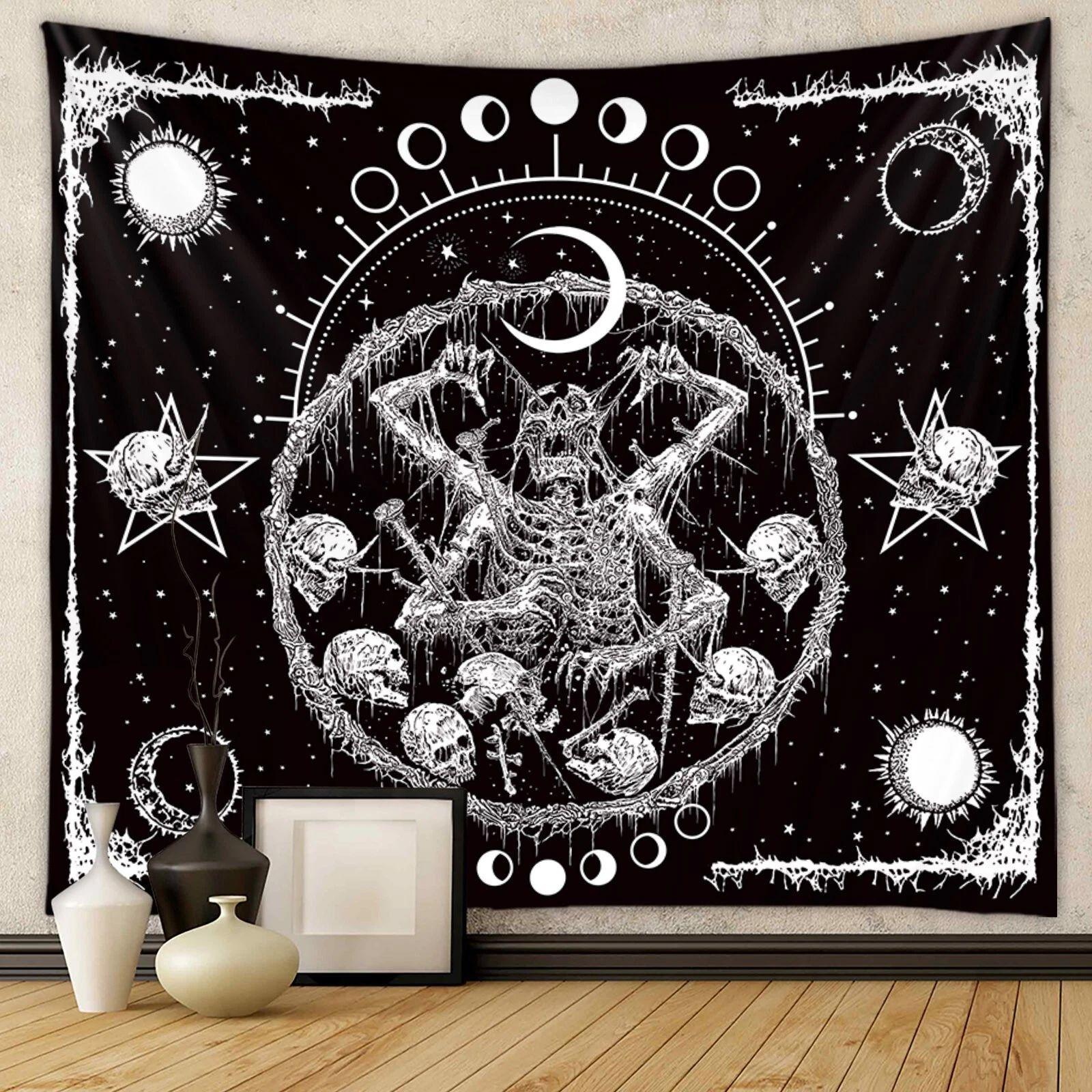 Gothic skull tapestry with moon phases on the wall of a house 75x100 чёрный