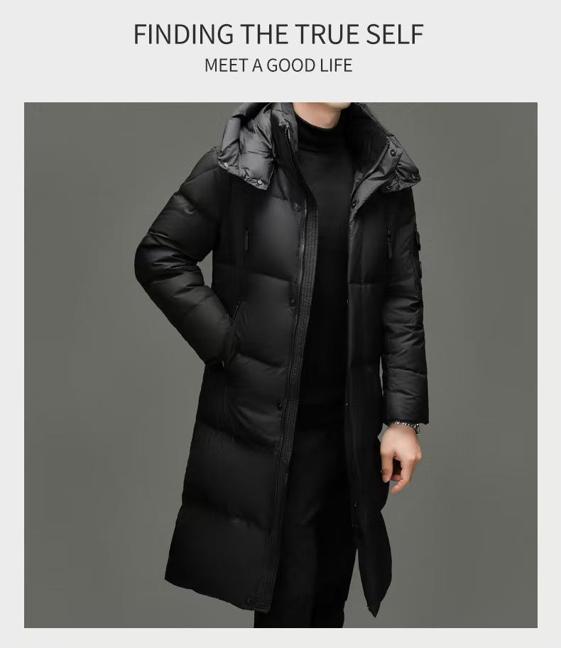 Brand 2025 Men's Winter Hooded Over-the-Knee Long Down Jacket with Fleece Lining