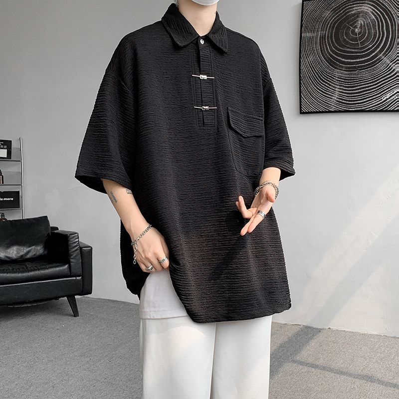 Chinese Style Vintage Loose Polo Shirts Men's Clothing Basic Solid Color Summer Turn-down Collar Stylish Button Casual T-shirts