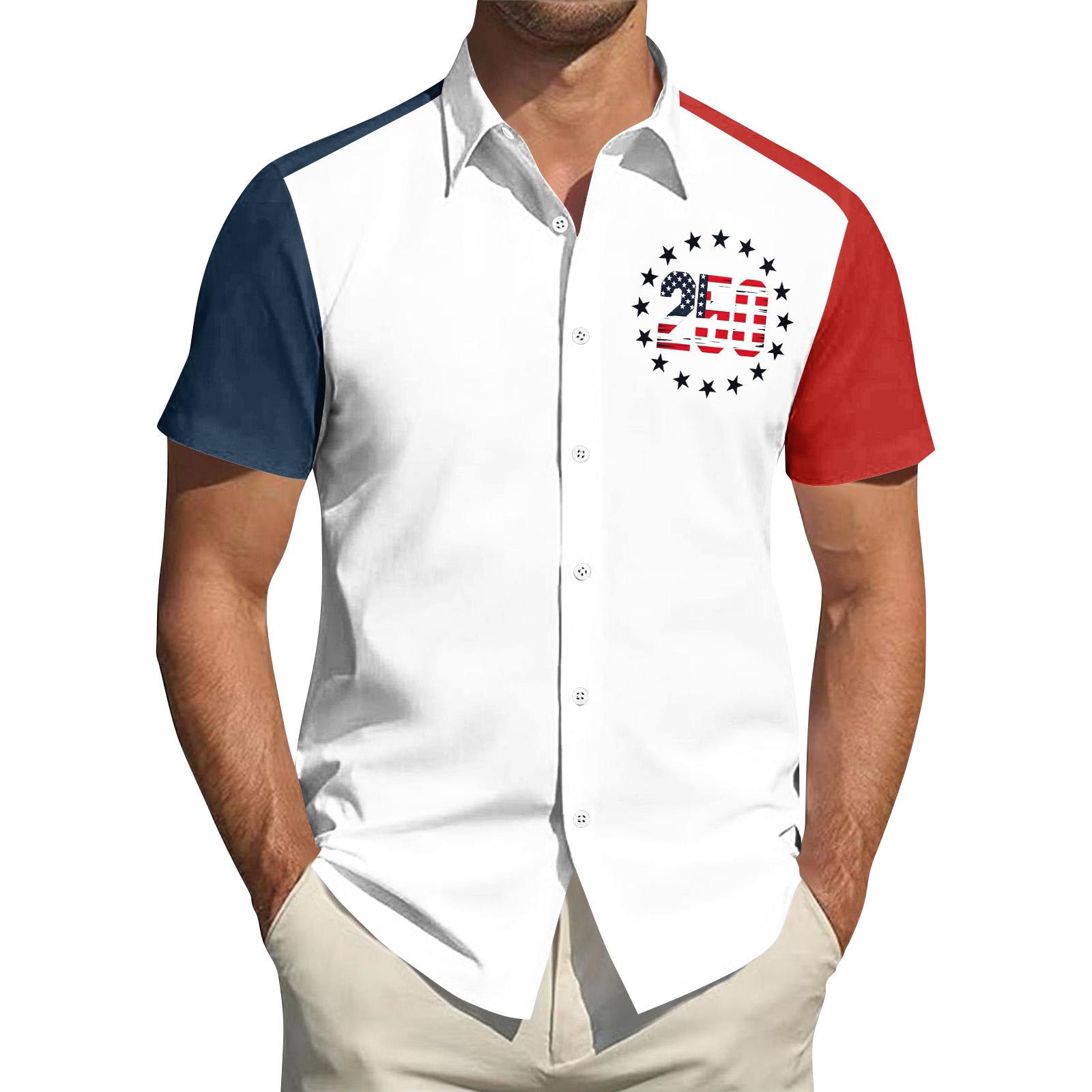 

Men s Short Sleeve Button Down Shirt with Flag Inspired Print and Contrasting Sleeve for Casual Wear XXL білий
