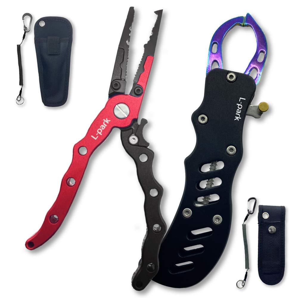 

L-park Fishing Pliers Set with Lock, Rust-Resistant, Lightweight Aluminum Fishing Tackle, Set of 2 (Red and Black)