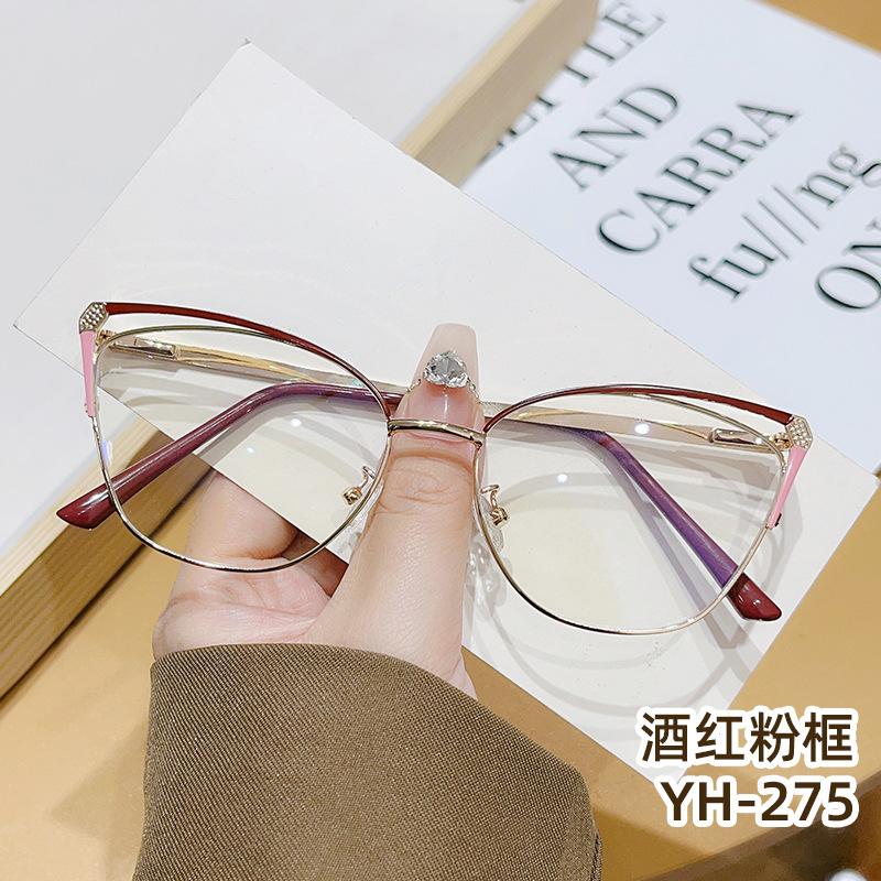 New cat eye glasses fashionable hollow high-value metal women's anti-blue flat mirror holder ultra-light