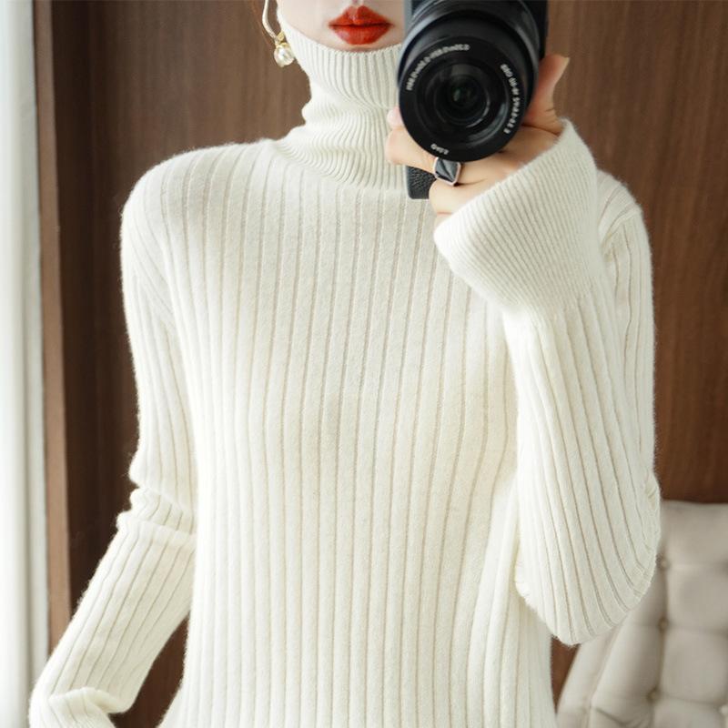 

Женский свитер с высоким воротом, однотонный, с длинным рукавом, модный полосатый базовый облегающий пуловер, теплый вязаный свитер, можно сочетать с пальто S