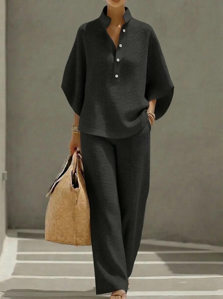 2026 European and American Cross-border Women's Clothing Casual Loose Breathable Solid Color Button-up Shirt Top Wide-leg Pants Set Summer