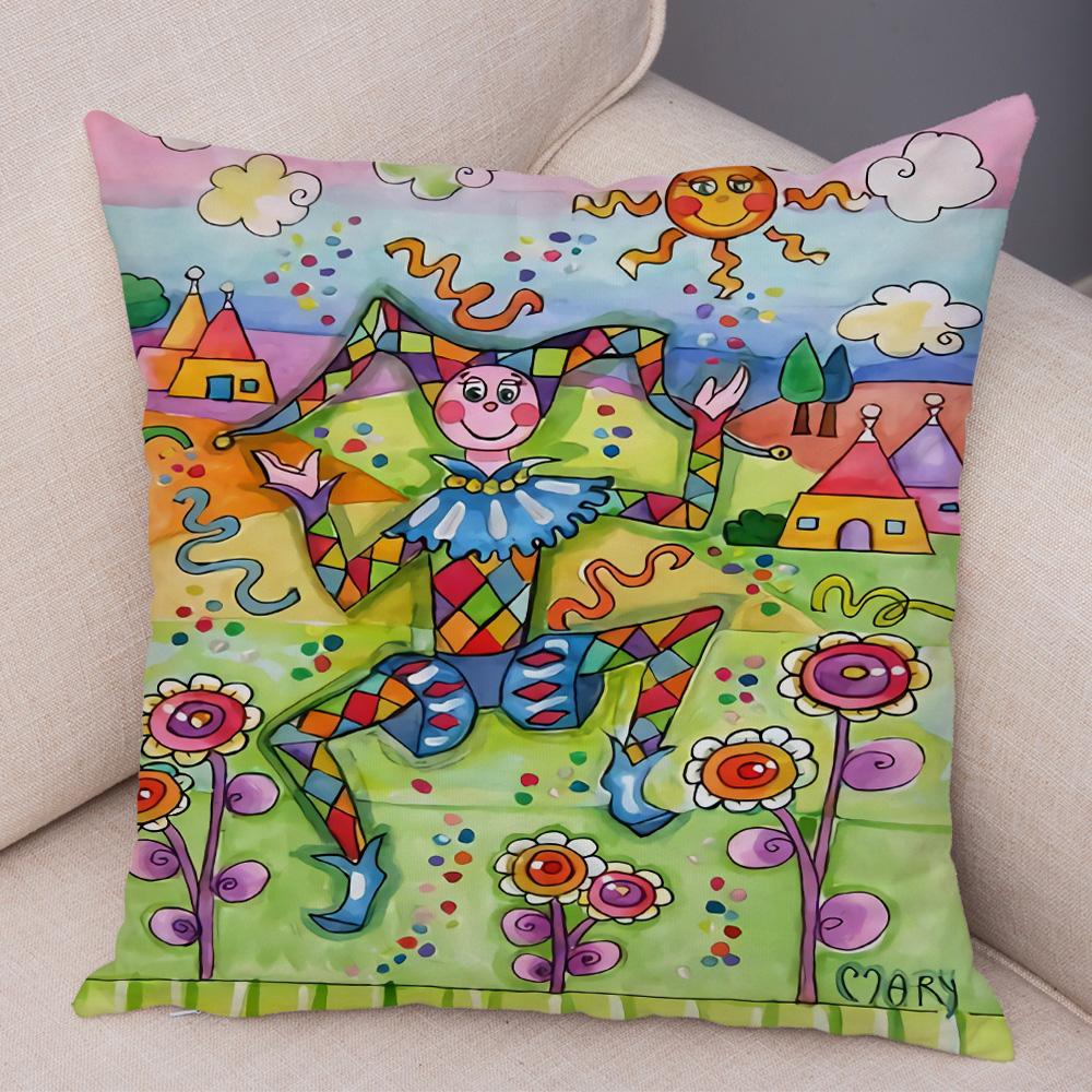 Children Oil Painting Art Cushion Cover Both Sides Plush Pillow Case Decor Cartoon Plant Throw Pillowcase for Sofa Home Car