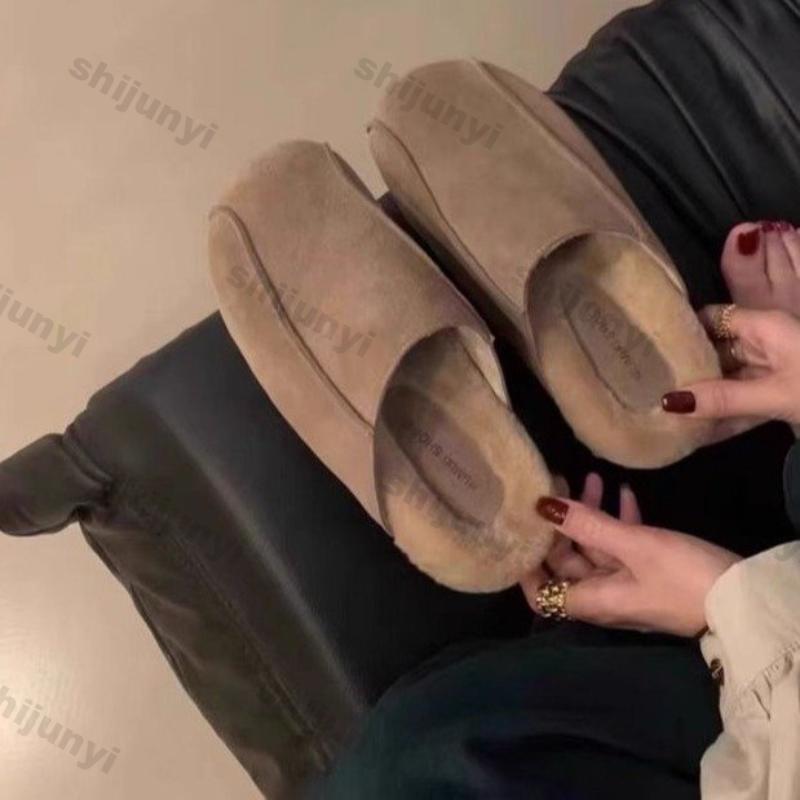 Mode Damen Schuhe mit dicker Sohle Geschlossene Zehenpartie Runde Zehenpartie Wildleder Halbschuhe Damen Herbst Winter Neu Flache Slingback Slipper Baumwollpantoffeln