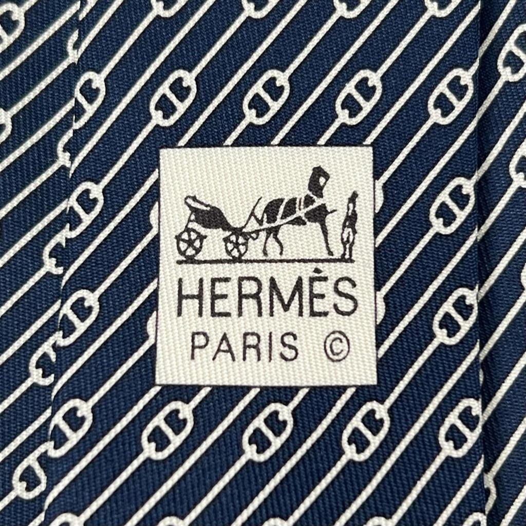 Pristine HERMES tie Chaine Pattern Navy silk mens 5500 UA Used