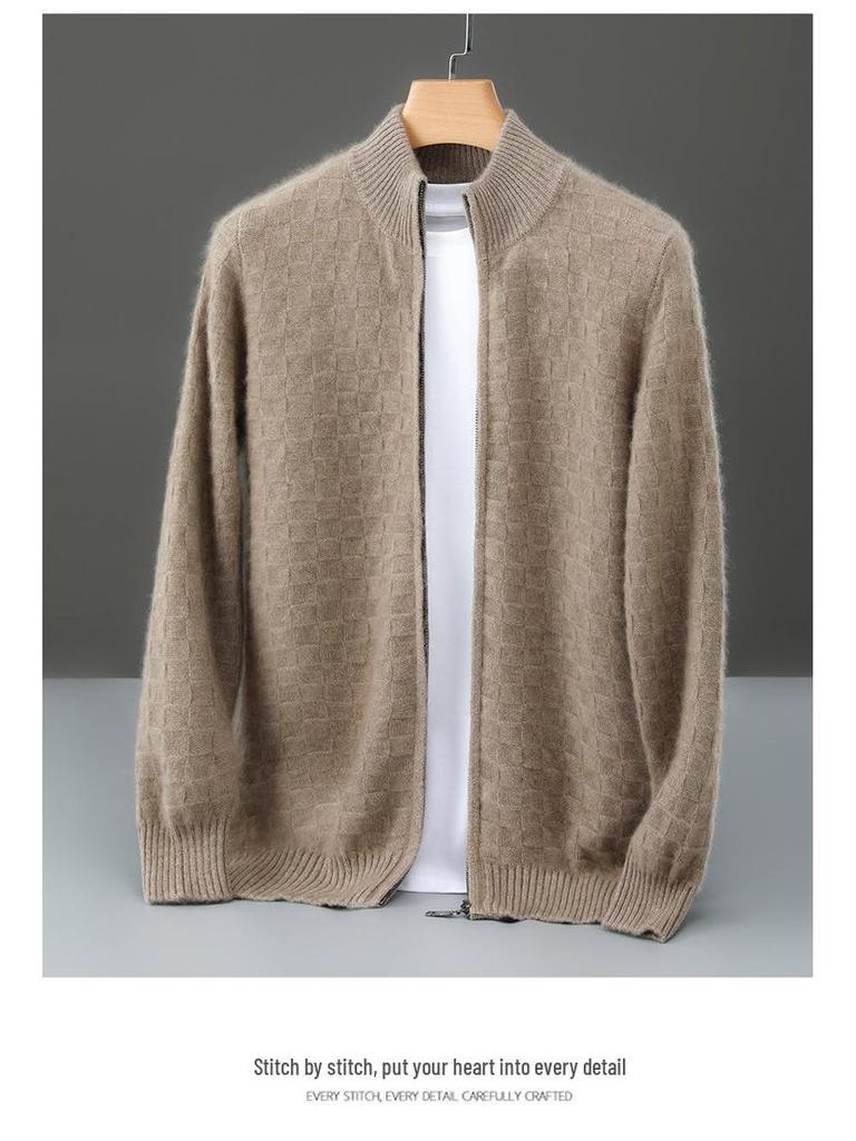 Men's Trendy Plaid Jacquard Wool Cardigan: Loose, Versatile, Long-Sleeved, Knitted, Cashmere Blend, Seven-Needle Thick.