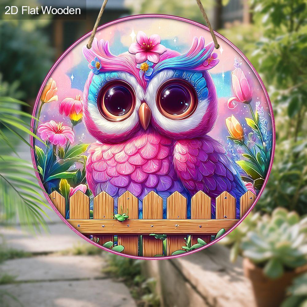 2D flat wooden hanging decorative signs, home wall or door decoration, garden decoration, the pattern is a purple owl, housewarming gift for friends
