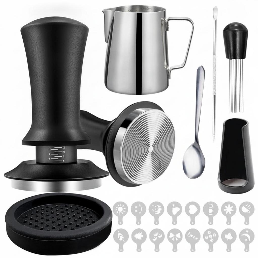 Espresso Tamping Kit with Pitcher Ergonomic Latte Art Set Stencils Non-Slip