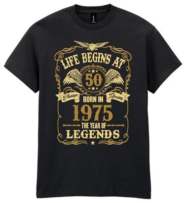 Life Begins At 50 Mens Birthday T-Shirt Born In 1975 Legends 50th Gift Gold Text