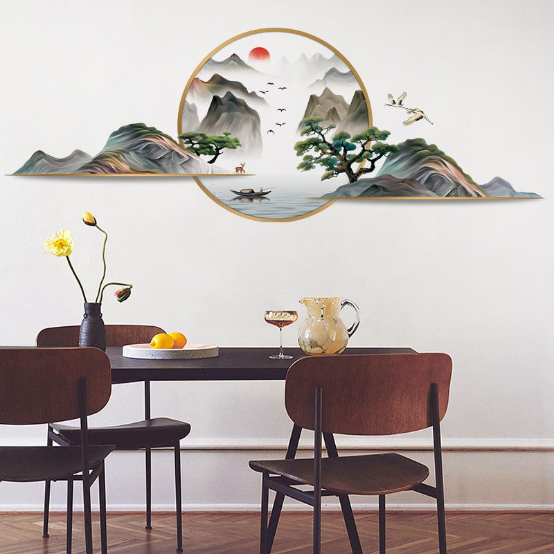 Chinese Style Landscape Wall Sticker Green Mountains Pine Tree Mural for Living Room Tea Room Oriental Home Decor Classical Elegant Wall Art
