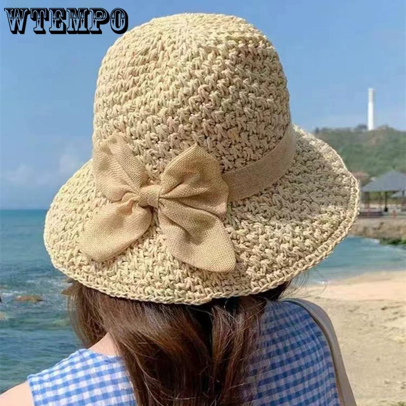 WTEMPO Hollow-out Bow Breathable Wide Brim Foldable Large Hats Party Hats Retro Elegant Summer Beach Sunscreen Hats